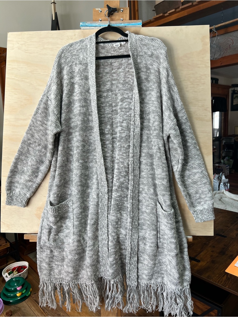 GAP Heather Gray Open-Front Fringe Hem Cardigan